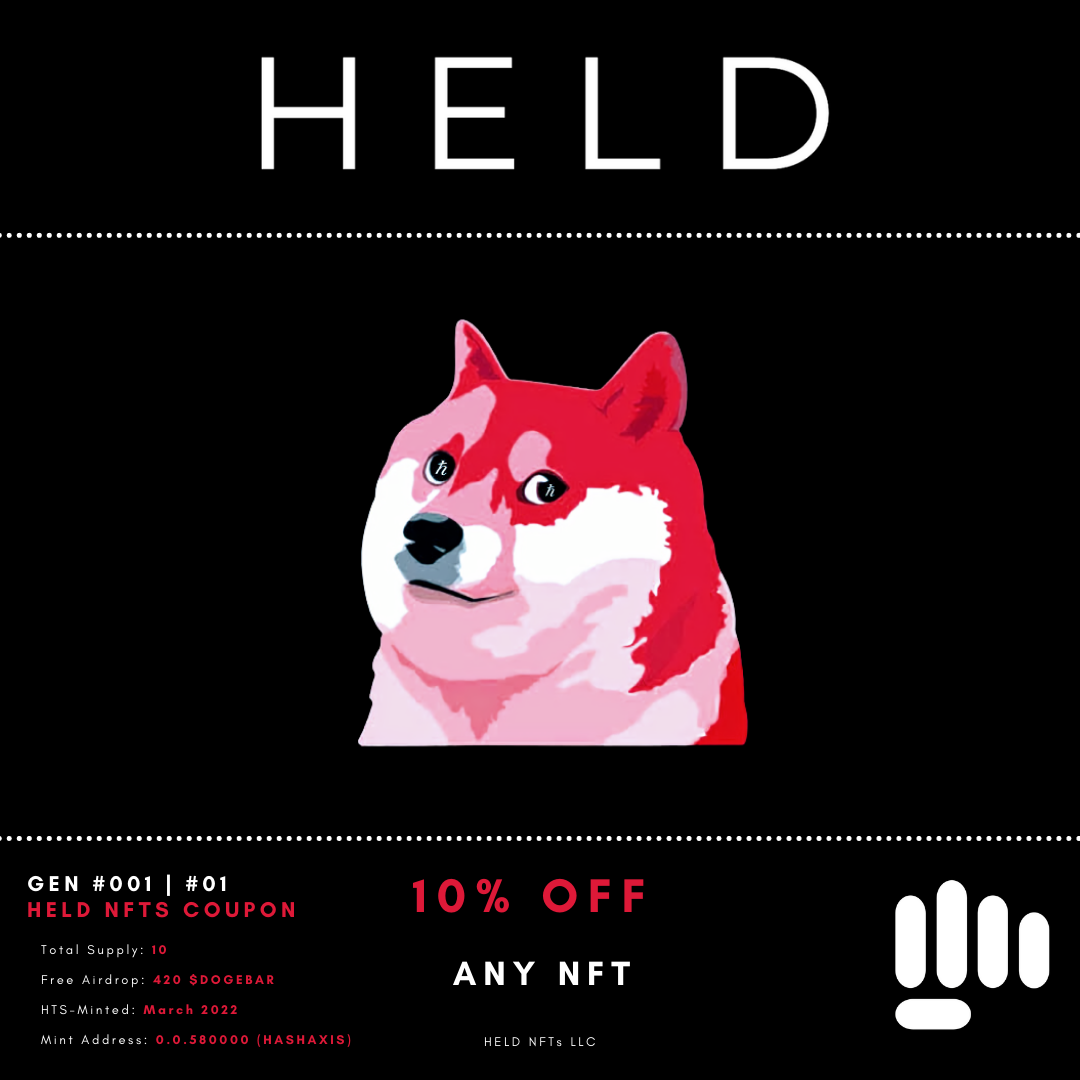 HBAR NFT Collection HELD 10% OFF COUPONS GEN #001 DOGEBAR INCLUDED